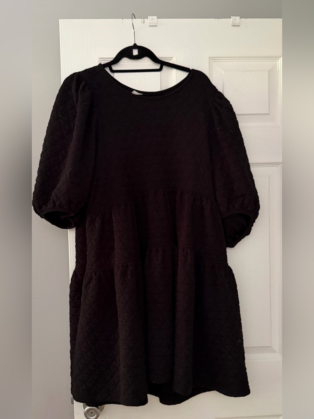A New Day:  Black Quilted Puff Sleeve Babydoll Dress Plus Size